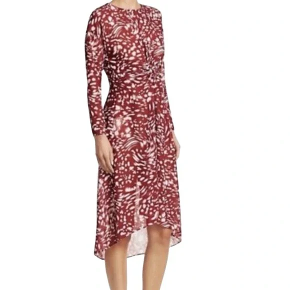 MAJE RIVOLE DRESS Burgundy Red White Print Long Sleeve Midi Dress Size 1 - Picture 10 of 10
